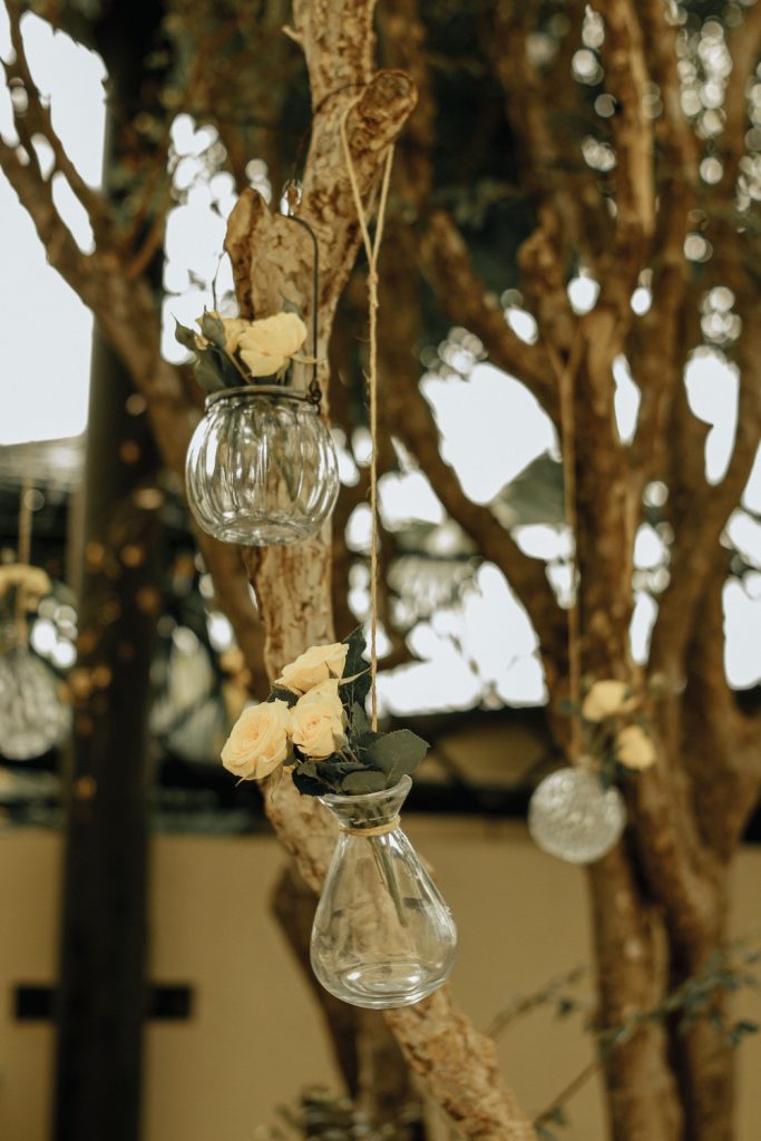 Eco-Friendly wedding decorations hanging from trees