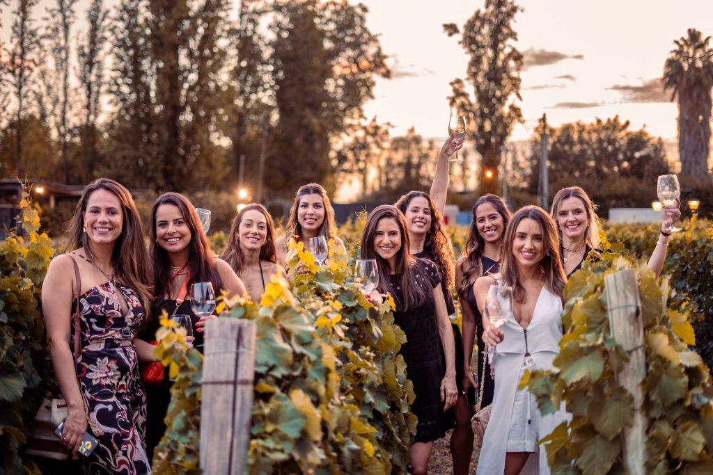 Bridal party in a vineyard celebrating a bachelorette party